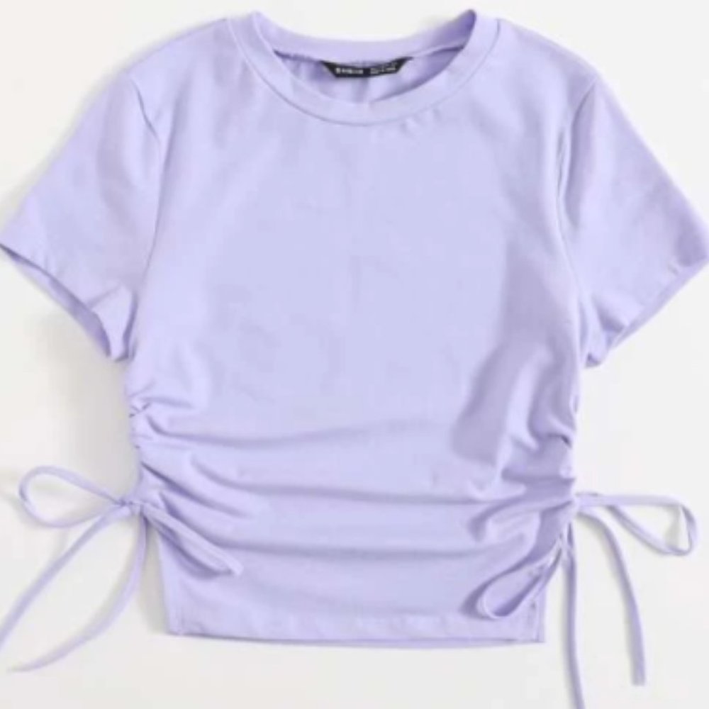 SHEIN Drawstring Ruched Side Solid Tee - Picture 1 of 2